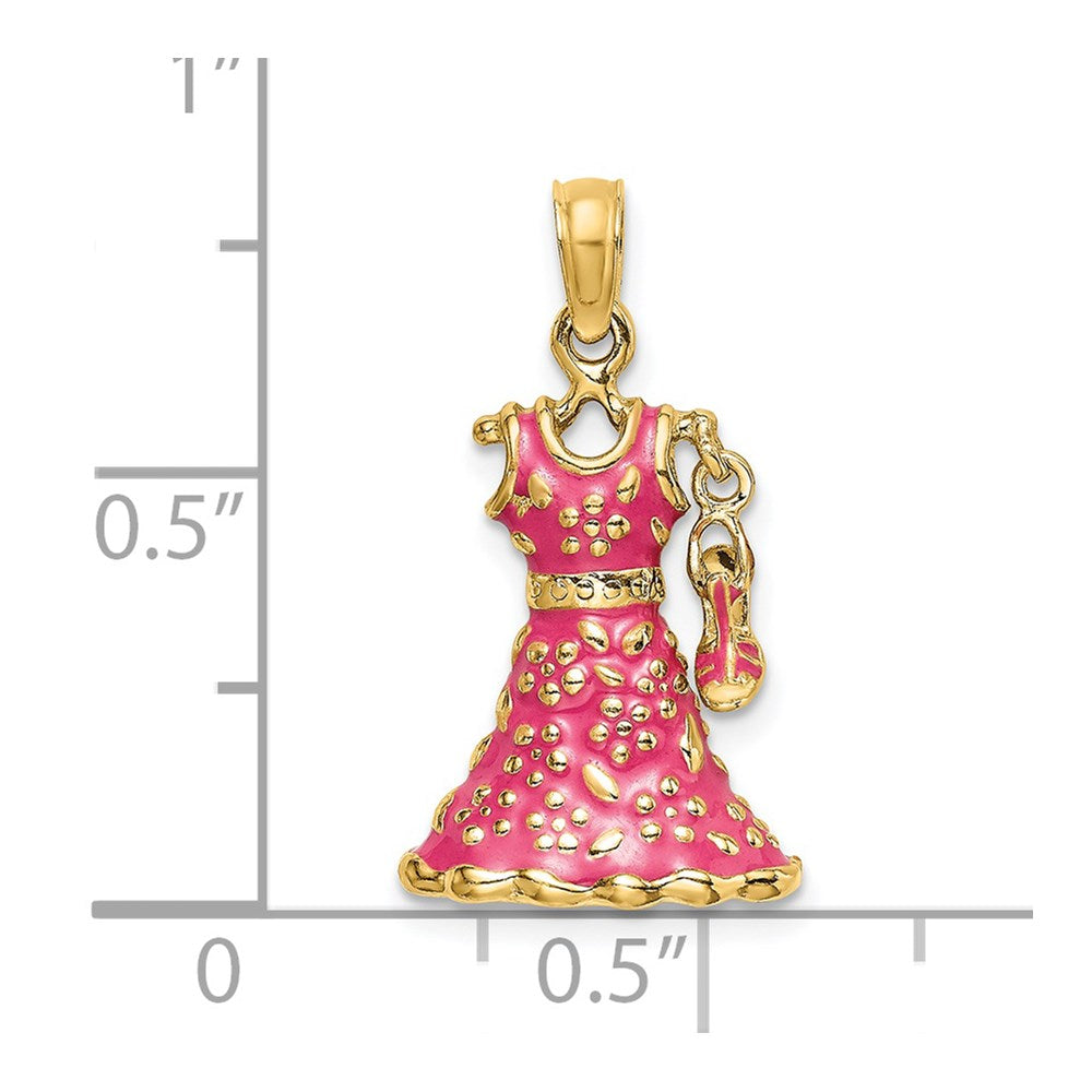 14k Yellow Gold 3-D Moveable Enamel Pink Floral Dress w/ Shoe Charm