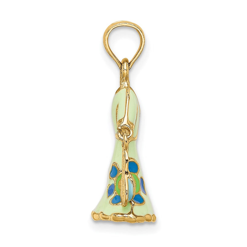 14k Yellow Gold 3-D Moveable Enamel Mint Floral Dress w/ Flip-Flop Charm