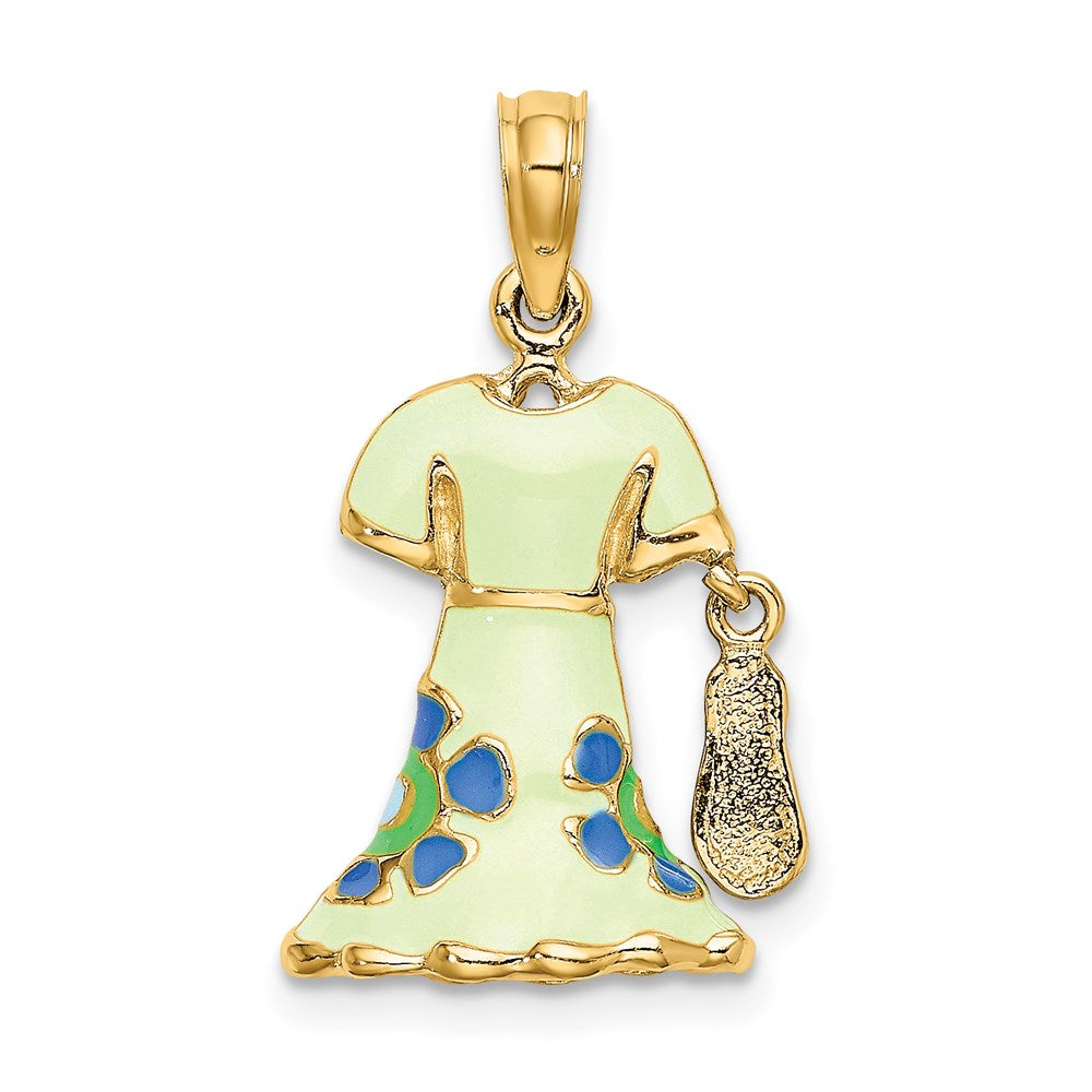 14k Yellow Gold 3-D Moveable Enamel Mint Floral Dress w/ Flip-Flop Charm