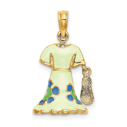 14k Yellow Gold 3-D Moveable Enamel Mint Floral Dress w/ Flip-Flop Charm