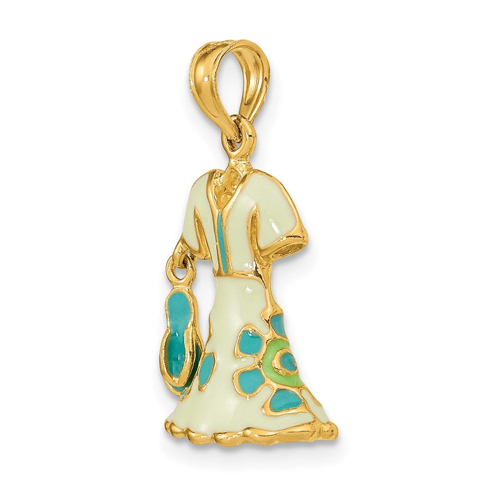 14k Yellow Gold 3-D Moveable Enamel Mint Floral Dress w/ Flip-Flop Charm