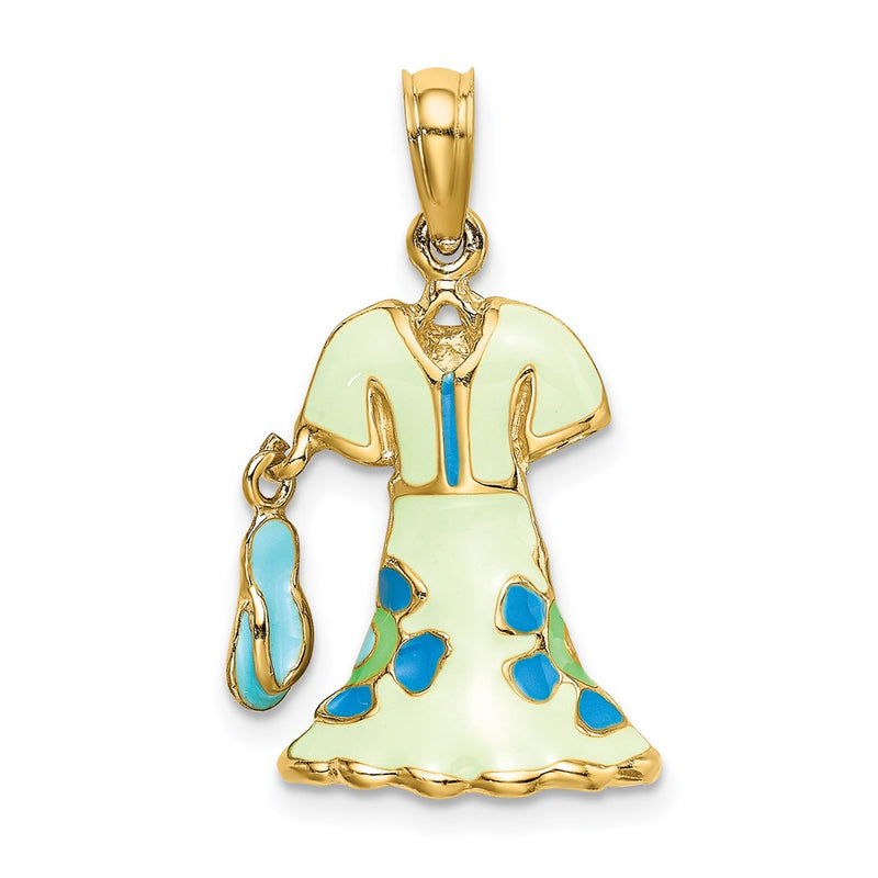 14k Yellow Gold 3-D Moveable Enamel Mint Floral Dress w/ Flip-Flop Charm