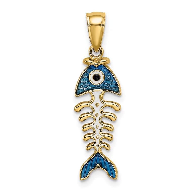 14k Yellow Gold 3D  Blue Enamel Fish Bone Charm