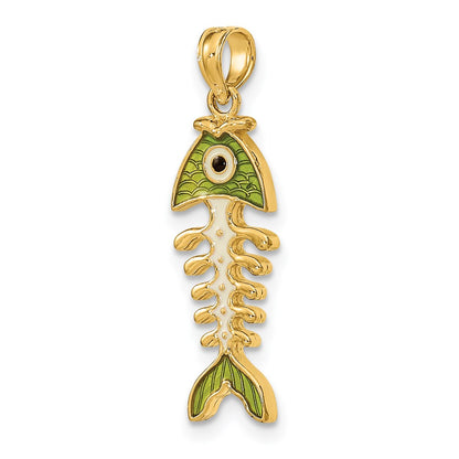 14k Yellow Gold 3D  Green Enamel Fish Bone Charm