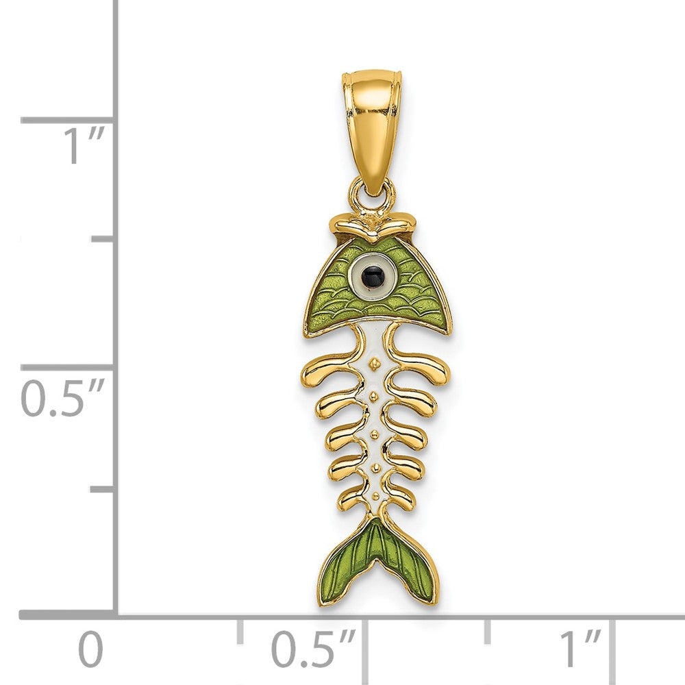 14k Yellow Gold 3D  Green Enamel Fish Bone Charm