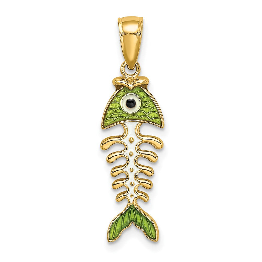 14k Yellow Gold 3D  Green Enamel Fish Bone Charm