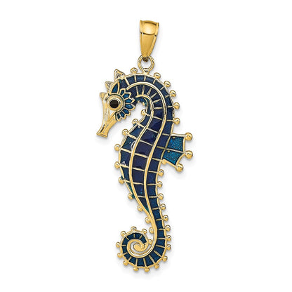 14k Yellow Gold  3D Enameled Seahorse Pendant