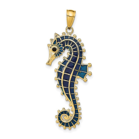 14k Yellow Gold  3D Enameled Seahorse Pendant