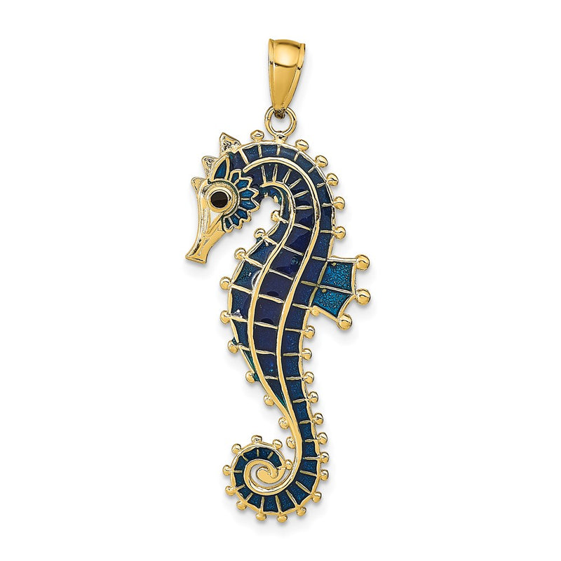 14k Yellow Gold  3D Enameled Seahorse Pendant