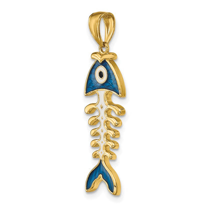 14k Yellow Gold 3D  Blue Enamel Fish Bone Pendant