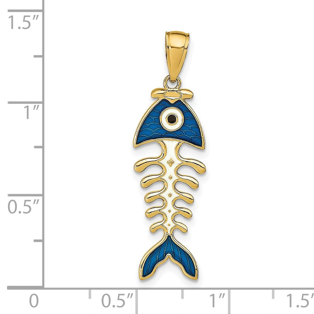 14k Yellow Gold 3D  Blue Enamel Fish Bone Pendant