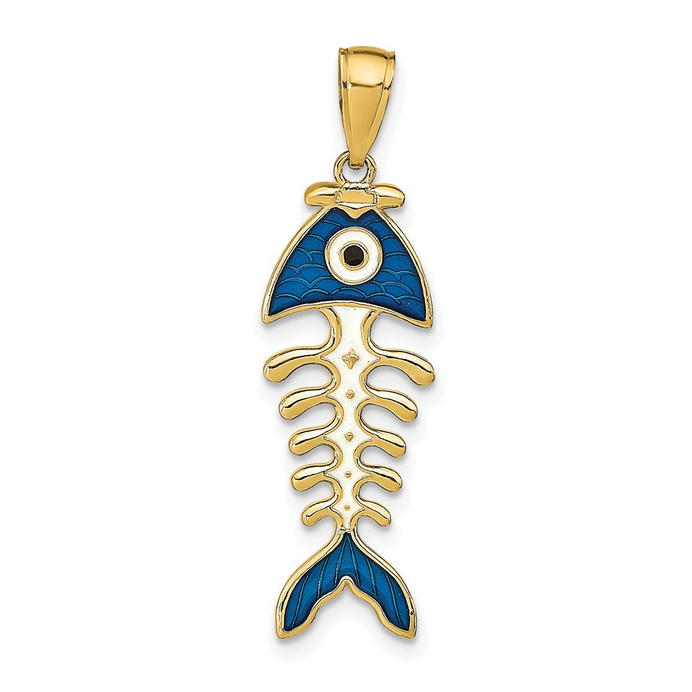 14k Yellow Gold 3D  Blue Enamel Fish Bone Pendant