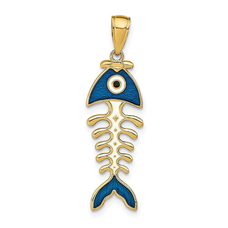 14k Yellow Gold 3D  Blue Enamel Fish Bone Pendant