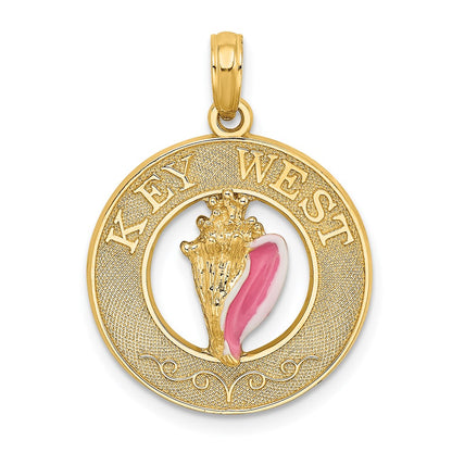14k Yellow Gold Enamel Conch Shell w/ KEY WEST Circle Charm