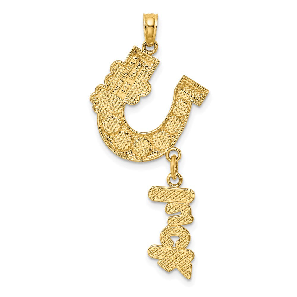 14k Yellow Gold Enameled Horseshoe w/LUCK and Flowers Charm