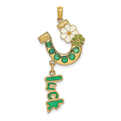14k Yellow Gold Enameled Horseshoe w/LUCK and Flowers Charm