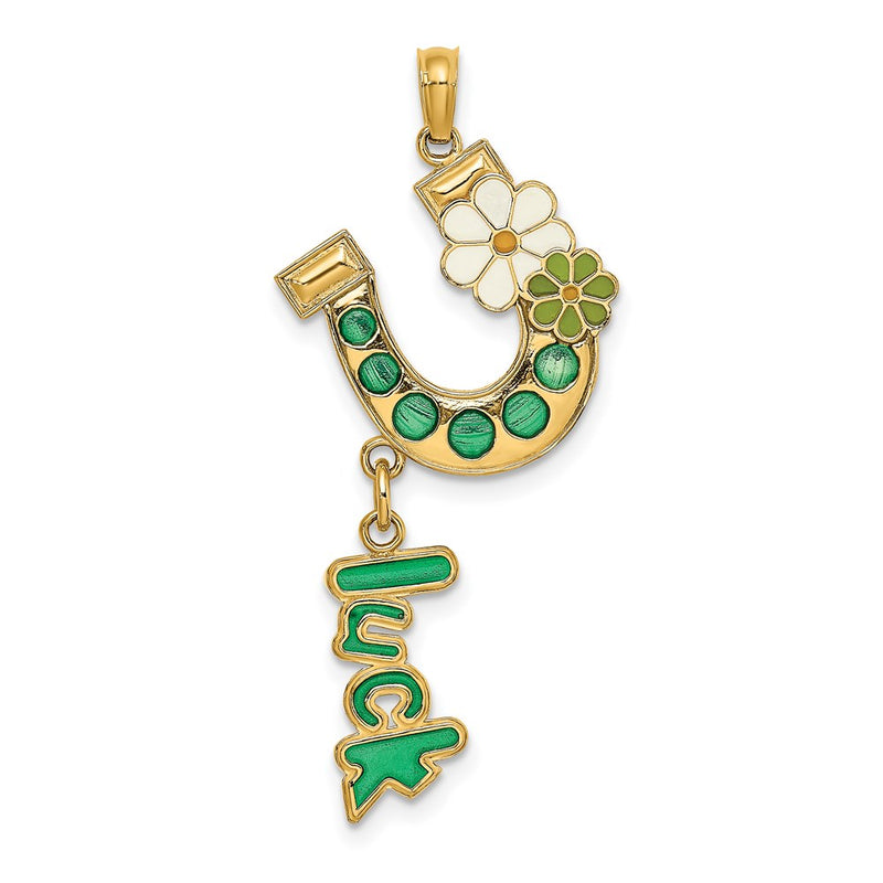 14k Yellow Gold Enameled Horseshoe w/LUCK and Flowers Charm