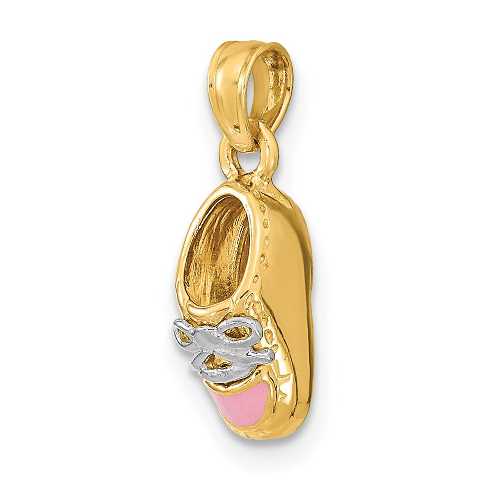 14k Yellow & Rhodium Gold & Rhodium 3-D Pink Enamel Baby Shoe Charm