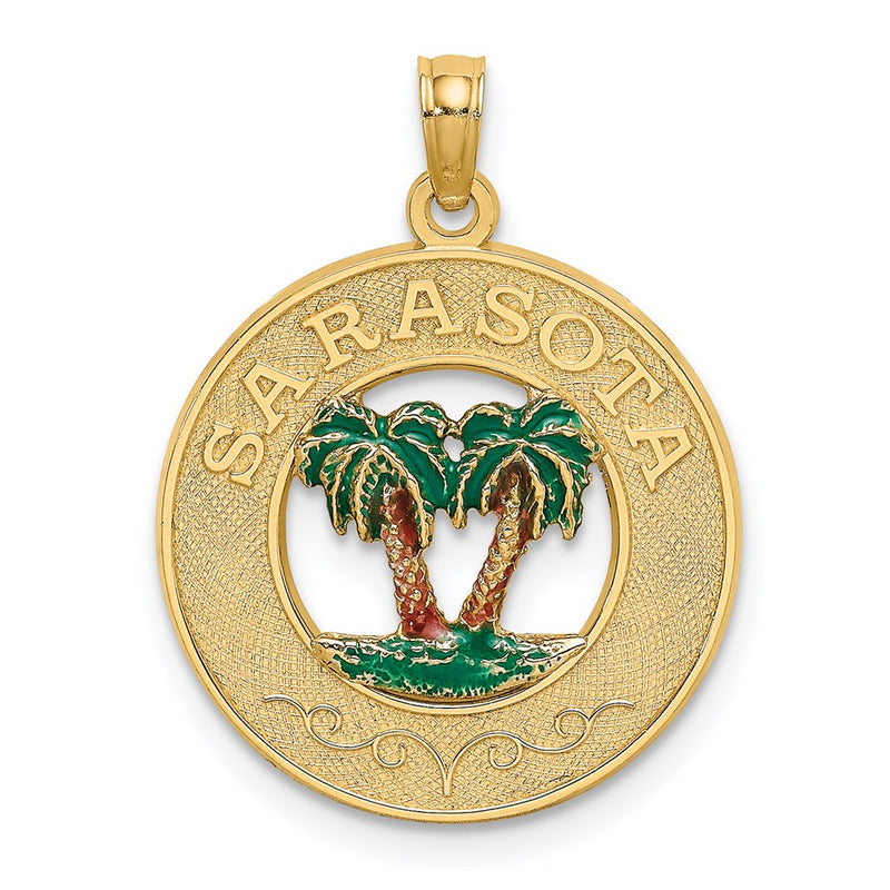 14k Yellow Gold w/ Enamel SARASOTA Circle Palm Tree Charm