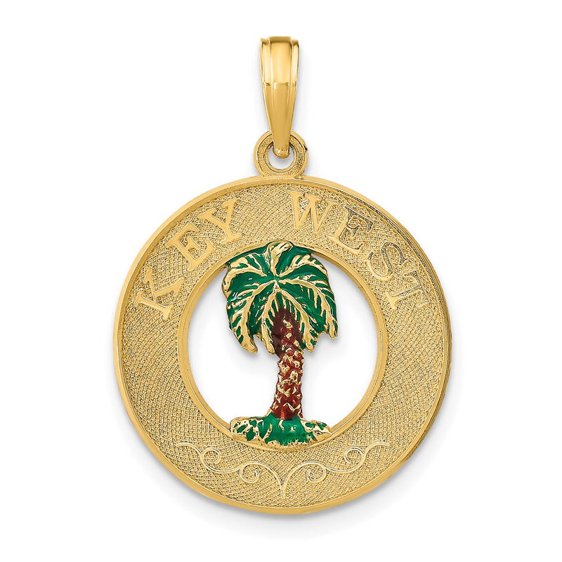 14k Yellow Gold KEY WEST Enameled Palm Tree Circle Charm