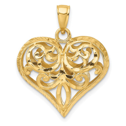 14k Yellow Gold 3-D Diamond-cut Filigree Puffed Heart Charm