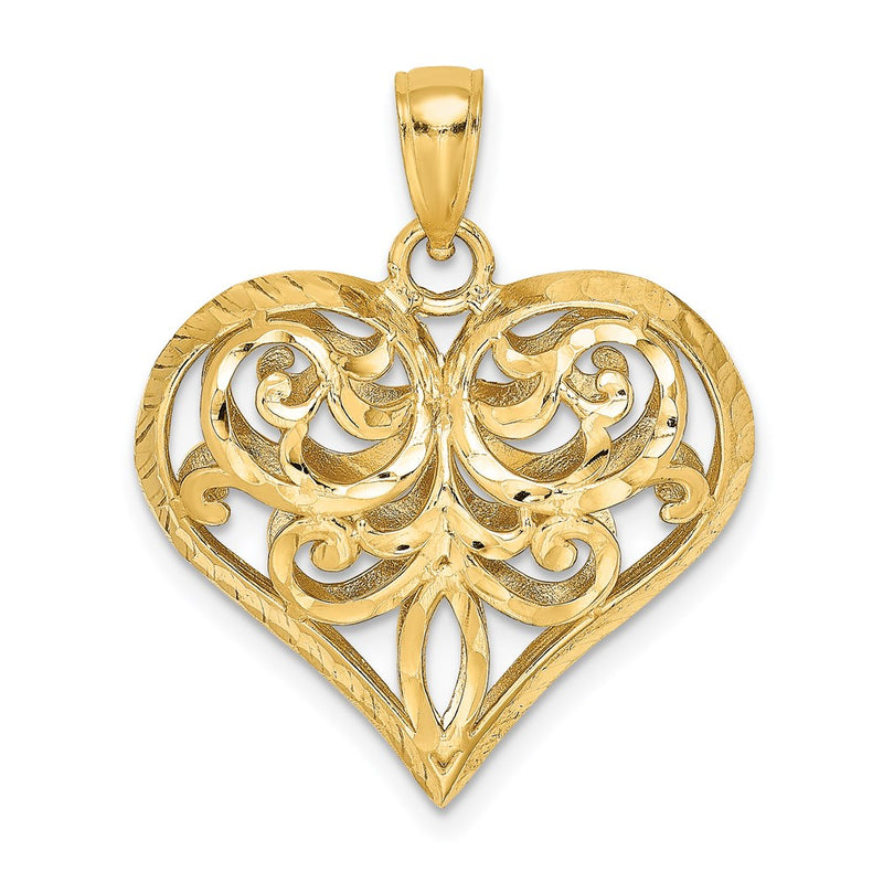 14k Yellow Gold 3-D Diamond-cut Filigree Puffed Heart Charm