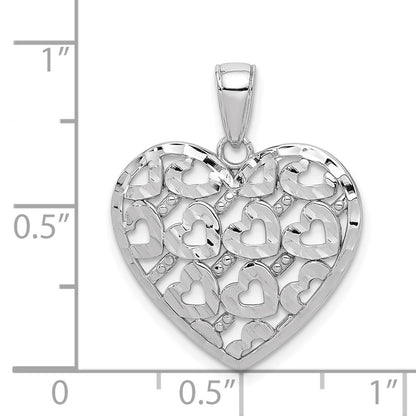 14k White Gold Diamond-cut Heart Pattern On Heart Charm