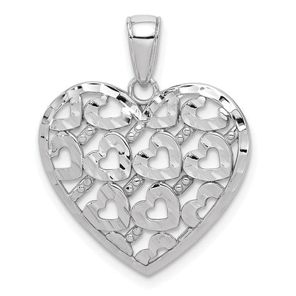 14k White Gold Diamond-cut Heart Pattern On Heart Charm