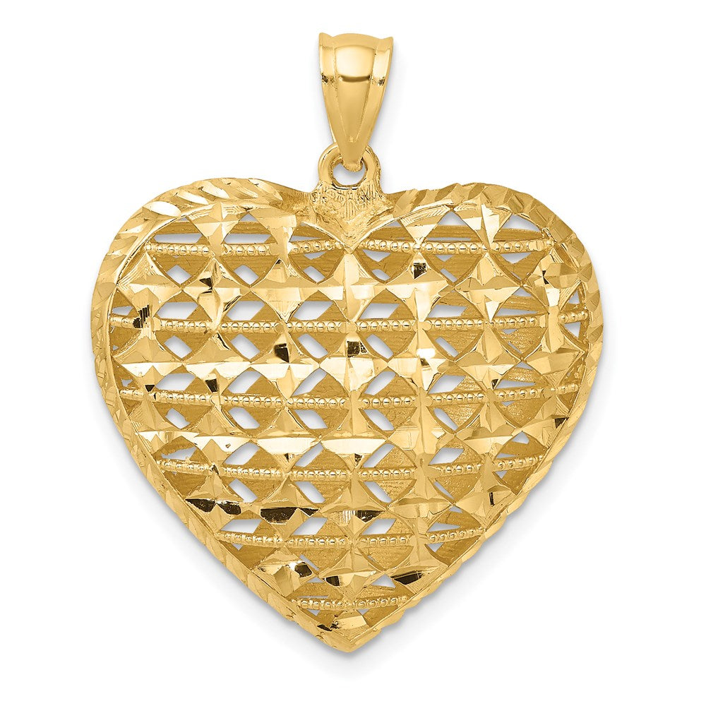 14k Yellow Gold 3-D Cut-out Diamond-cut Puffed Heart Pendant