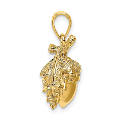 14k Yellow Gold 3-D Acorn w/Leaf Pendant