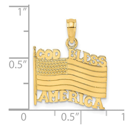 14k Yellow Gold Polished Textured God Bless America w/ Flag Charm