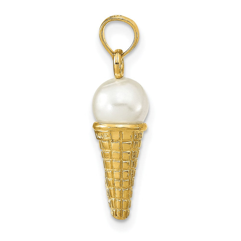 14k Yellow Gold Satin Polished 3D  White Bead Ice Cream Cone Pendant