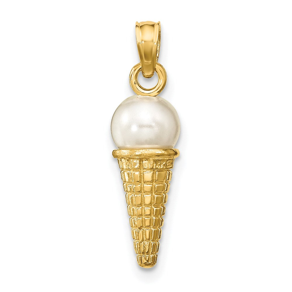 14k Yellow Gold Satin Polished 3D  White Bead Ice Cream Cone Pendant
