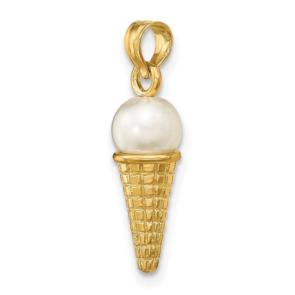 14k Yellow Gold Satin Polished 3D  White Bead Ice Cream Cone Pendant