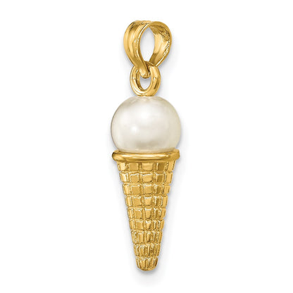14k Yellow Gold Satin Polished 3D  White Bead Ice Cream Cone Pendant
