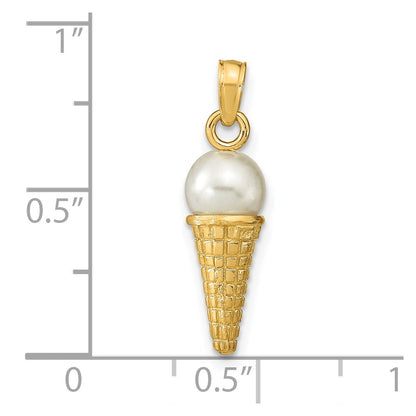 14k Yellow Gold Satin Polished 3D  White Bead Ice Cream Cone Pendant
