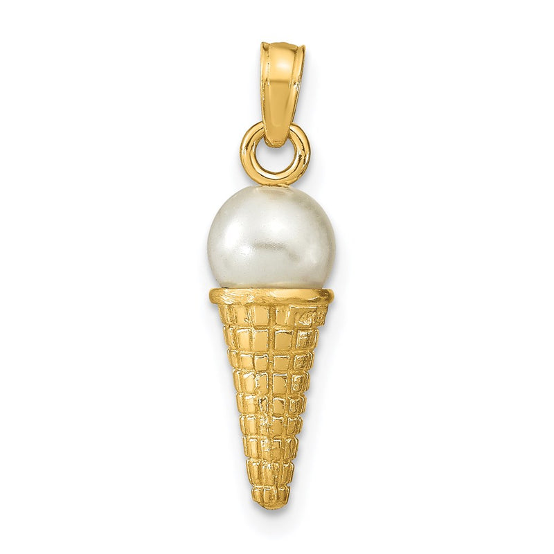 14k Yellow Gold Satin Polished 3D  White Bead Ice Cream Cone Pendant