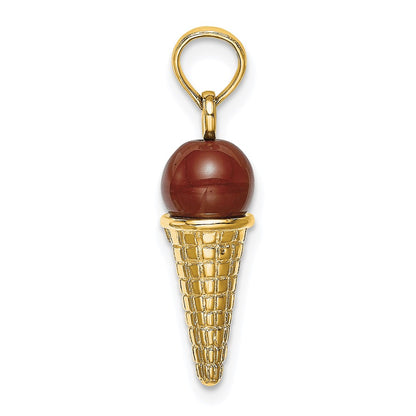 14k Yellow Gold Satin Polished 3D  Brown Bead Ice Cream Cone Pendant