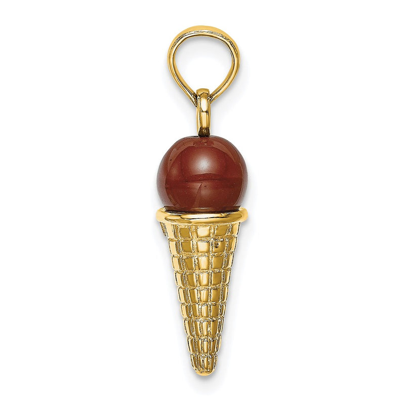14k Yellow Gold Satin Polished 3D  Brown Bead Ice Cream Cone Pendant