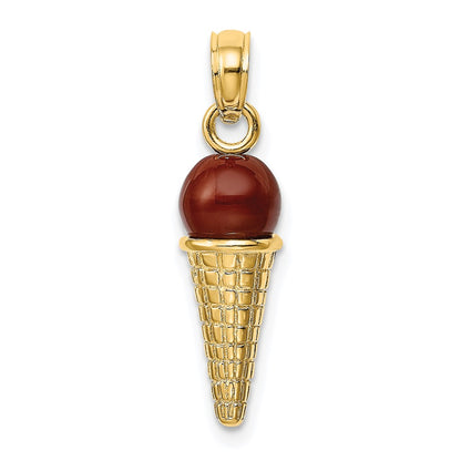 14k Yellow Gold Satin Polished 3D  Brown Bead Ice Cream Cone Pendant