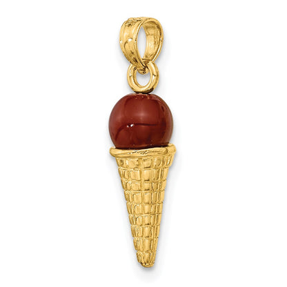 14k Yellow Gold Satin Polished 3D  Brown Bead Ice Cream Cone Pendant