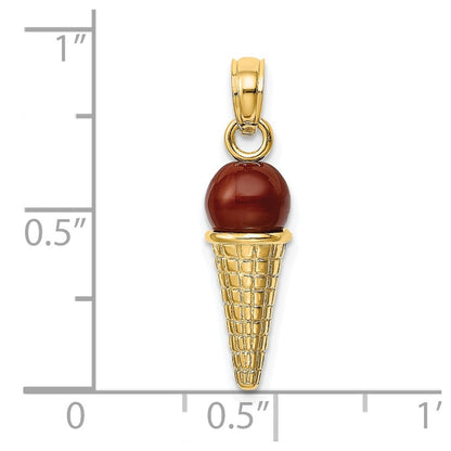 14k Yellow Gold Satin Polished 3D  Brown Bead Ice Cream Cone Pendant