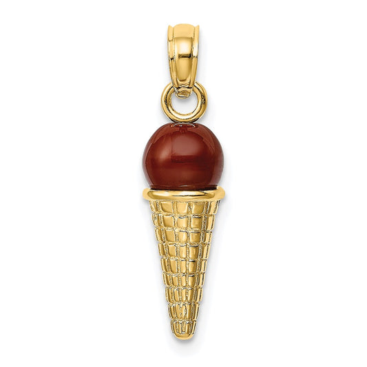 14k Yellow Gold Satin Polished 3D  Brown Bead Ice Cream Cone Pendant