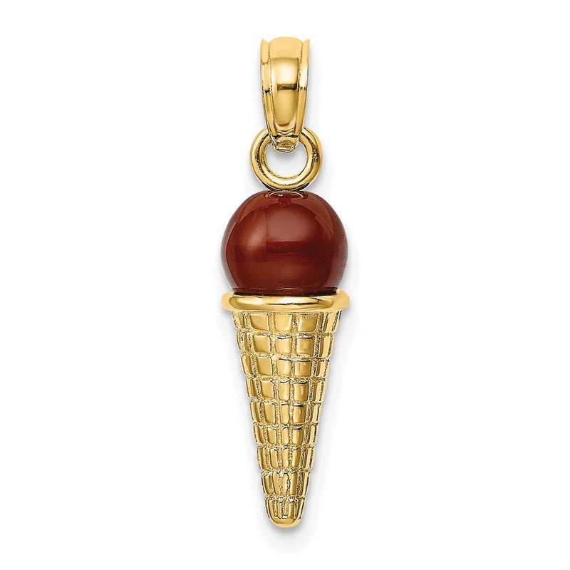 14k Yellow Gold Satin Polished 3D  Brown Bead Ice Cream Cone Pendant