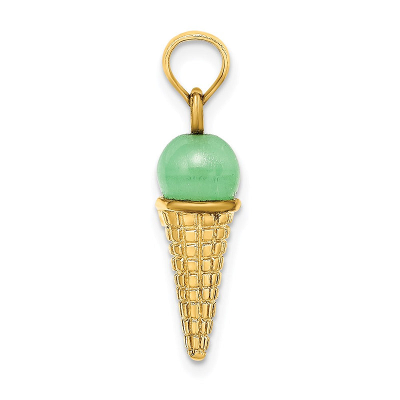 14k Yellow Gold Satin Polished 3D  Green Bead Ice Cream Cone Pendant