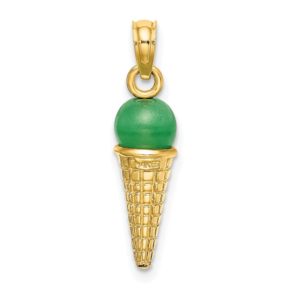 14k Yellow Gold Satin Polished 3D  Green Bead Ice Cream Cone Pendant