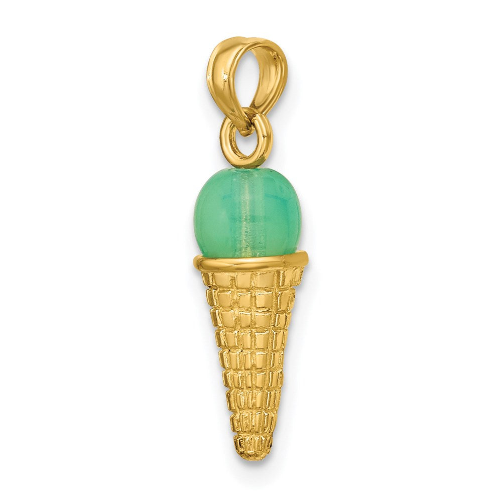 14k Yellow Gold Satin Polished 3D  Green Bead Ice Cream Cone Pendant