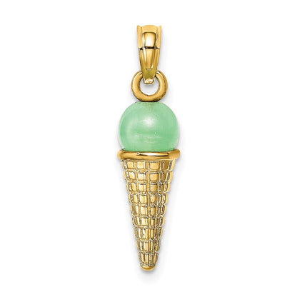 14k Yellow Gold Satin Polished 3D  Green Bead Ice Cream Cone Pendant
