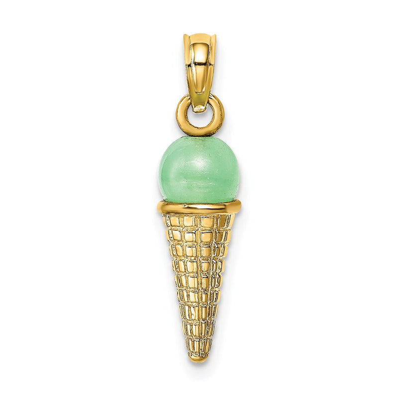 14k Yellow Gold Satin Polished 3D  Green Bead Ice Cream Cone Pendant