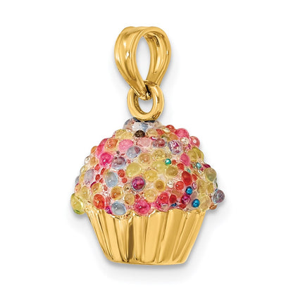 14k Yellow Gold 3-D w/Colored Bead Icing Cupcake Charm